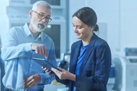 Engineers collaborating on a tablet