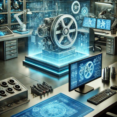 A futuristic engineering workspace with holograms, digital models, and a variety of modern tools, reflecting the integration of design and manufacturing