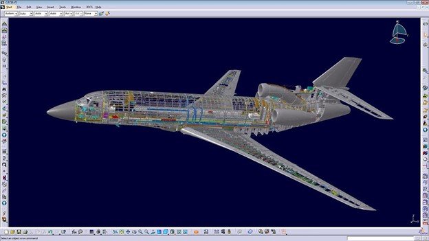 : A detailed digital model of an aircraft displayed in CATIA software, showing internal structures, wiring, and components in a semi-transparent view against a dark blue background