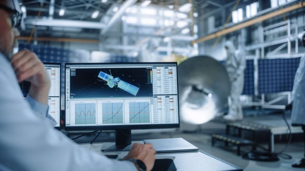 A close-up of an engineer reviewing a 3D satellite model and performance data on dual monitors in an aerospace manufacturing facility.