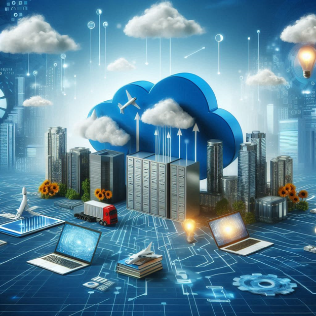 A digital illustration representing cloud-based PLM and smart manufacturing.