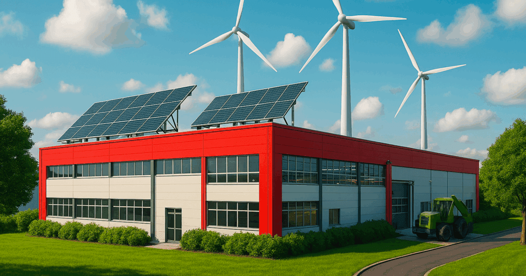 A refreshing visual representation of a ‘green’ factory. Alt: Modern eco-friendly factory with solar panels on the roof, wind turbines in the background, and lush greenery surrounding the site. The building features red and white accents under a clear blue sky. 