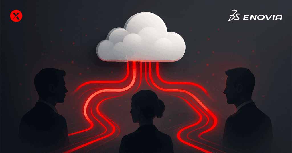 Realistic digital illustration of three silhouetted professionals connected to a glowing white cloud by red digital pathways, symbolizing cloud-based collaboration and data flow with ENOVIA.