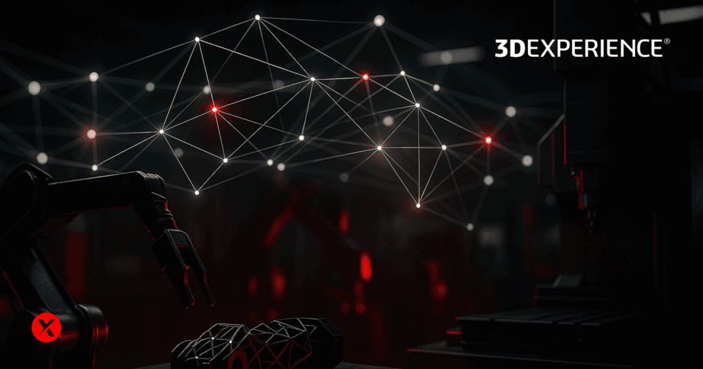 A connected mesh of glowing lines and nodes flows above industrial machines, representing digital transformation and intelligent resource management with the 3DEXPERIENCE platform.