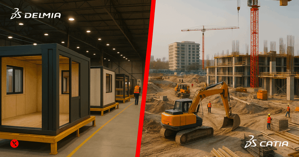 A hybrid factory/construction site split-screen: one side shows modular assembly lines, the other shows an active jobsite, both overlaid with digital icons, data, and workflows. Alt text: Split-screen image showing a modular construction factory on the left and an active building site on the right, separated by a bold red vertical line. Both scenes are realistic, with workers present and structures in progress, representing the hybrid nature of smart manufacturing in construction.