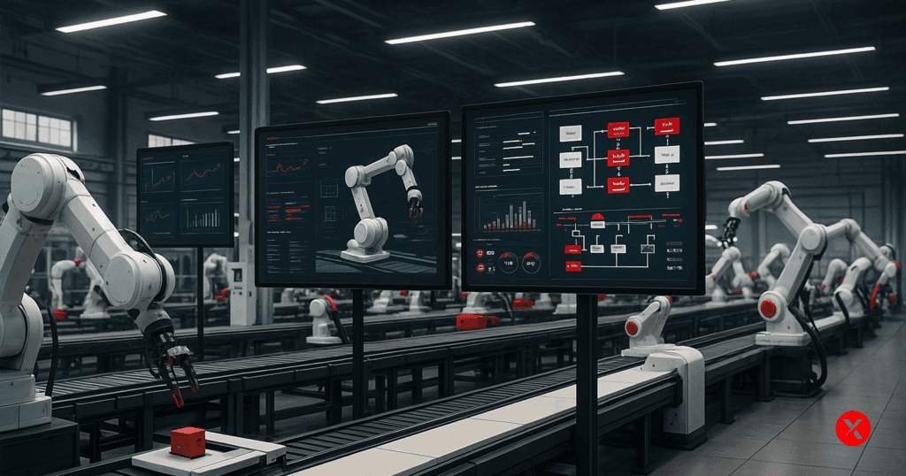 Smart factory with robots and screens, concept art for industrial automation. ALT TEXT: Factory simulation screen with robotic arms, workflows, and ergonomic analysis, in Mecanica brand colors (black, white, red #FD0000).