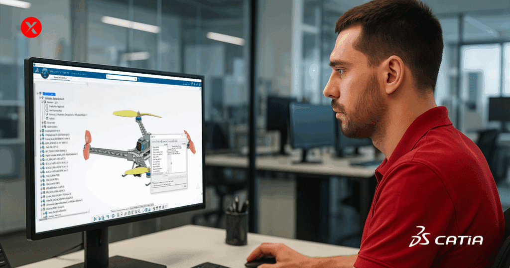 A 30-year-old engineer wearing a red polo shirt works at a sleek black desk in a modern office, focusing on a large computer monitor with the CATIA interface. The environment is bright and professional, with glass partitions and red, black, and white tones creating a clean, realistic aesthetic.