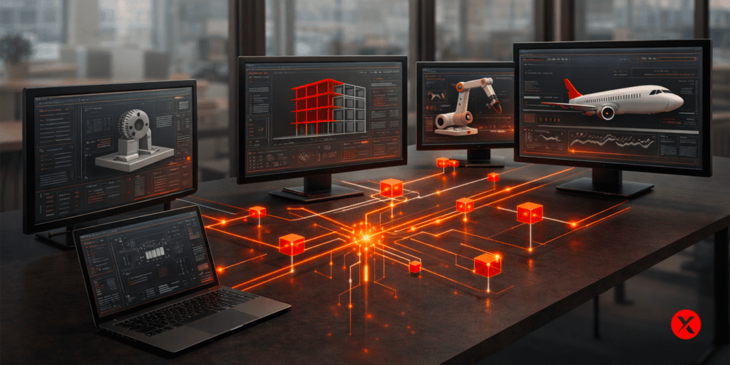 Illustration representing a digital engineering platform providing structured data context across connected tools
