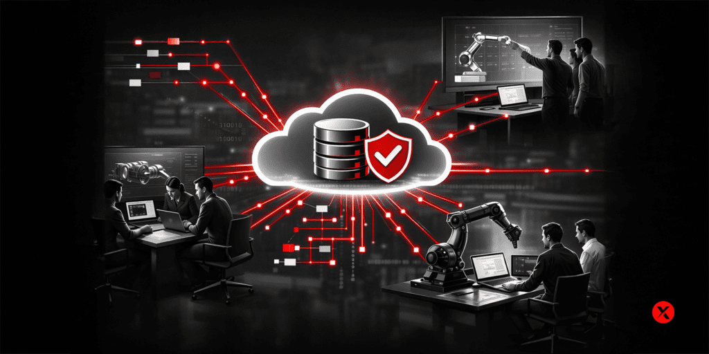 Illustration showing engineering teams maintaining data continuity through a shared digital engineering platform