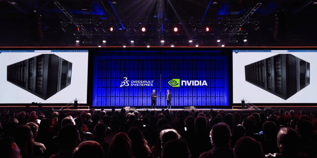 On-stage presentation announcing a partnership between Dassault Systèmes and NVIDIA at 3DXWorld 2026.