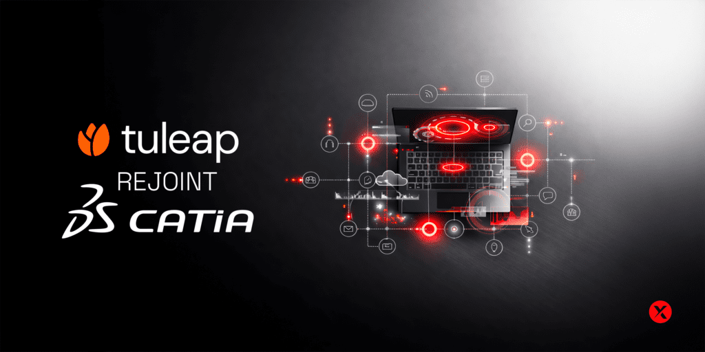Illustration d’un ordinateur portable avec interface numérique futuriste en rouge et blanc, entouré de symboles technologiques connectés, accompagnant le message “Tuleap rejoint CATIA” sur fond dégradé sombre.