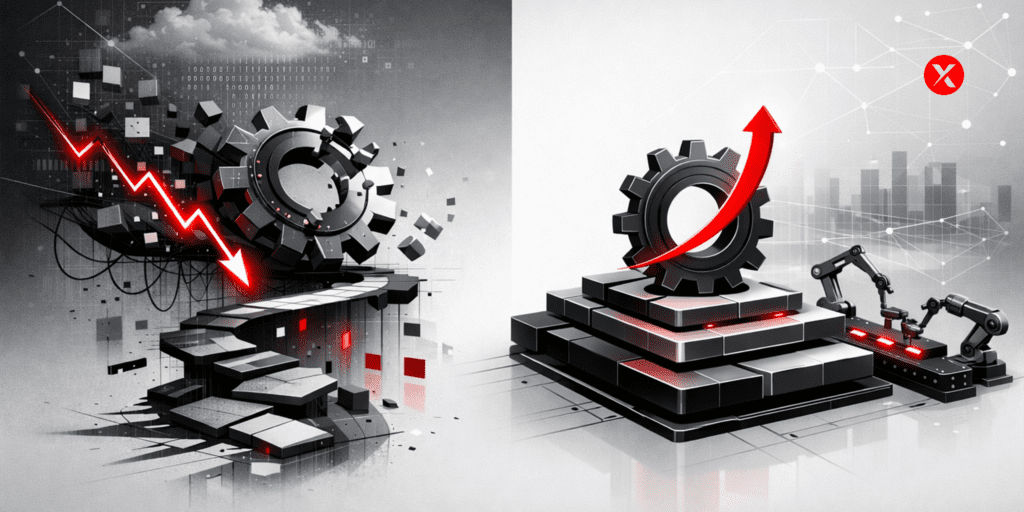 Abstract split illustration showing a chaotic digital transformation with a broken gear and downward red arrow on the left, contrasted with a structured platform system featuring a stable gear and upward red arrow on the right.